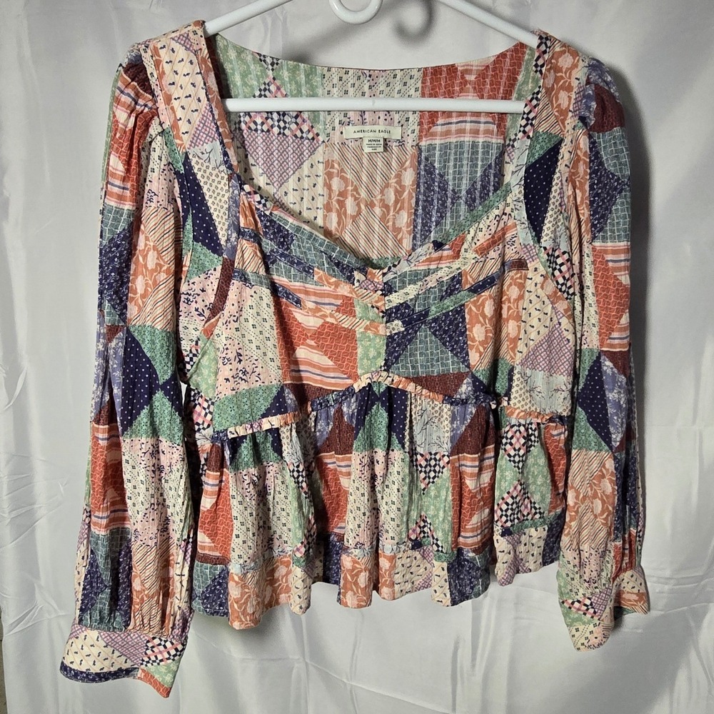 American Eagle Patchwork Babydoll Top Womens Medium dainty Boho cottagecore